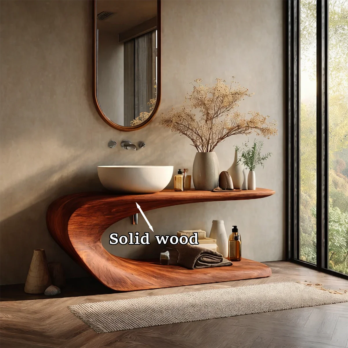 Integrated Shelf Bathroom Vanity Natural Solid Wood Curved Sculptural Form - ArborisWood - 9