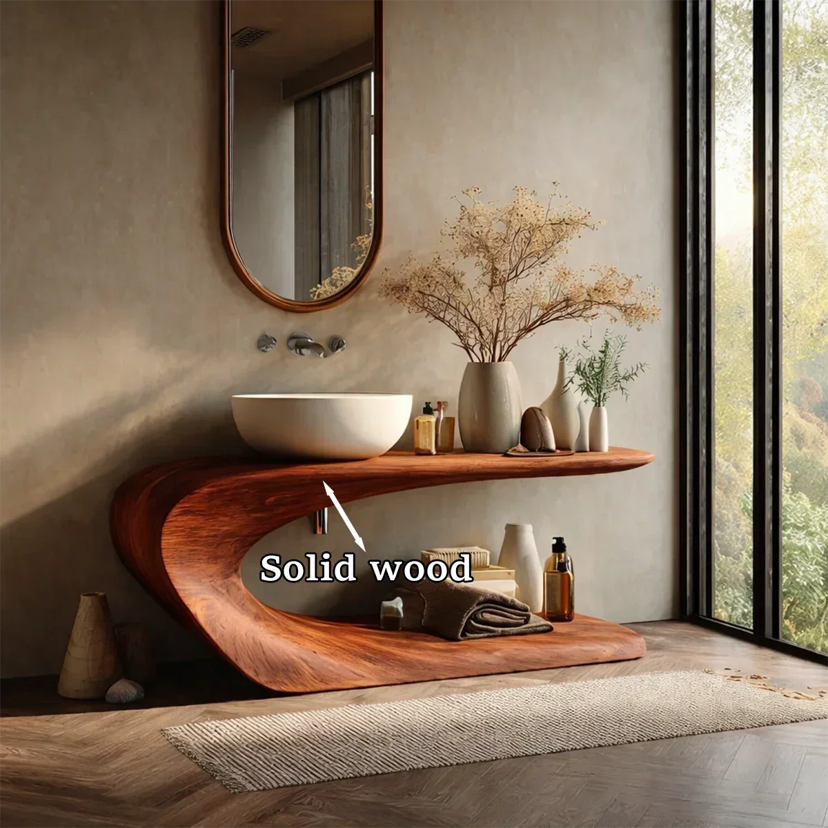 Integrated Shelf Bathroom Vanity Natural Solid Wood Curved Sculptural Form - ArborisWood - 9