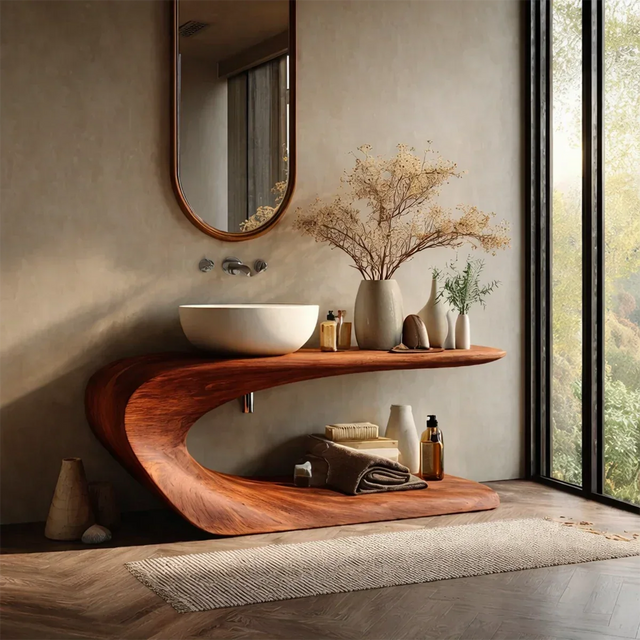 Integrated Shelf Bathroom Vanity Natural Solid Wood Curved Sculptural Form - ArborisWood
