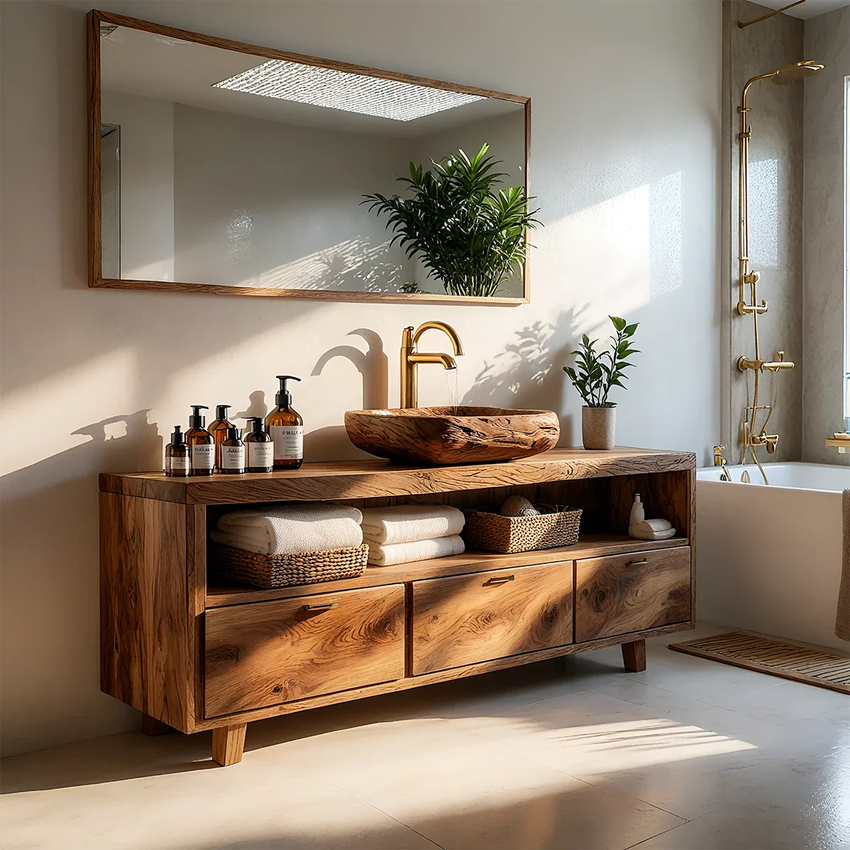 Japandi walnut bathroom vanity with handcrafted wood vessel sink