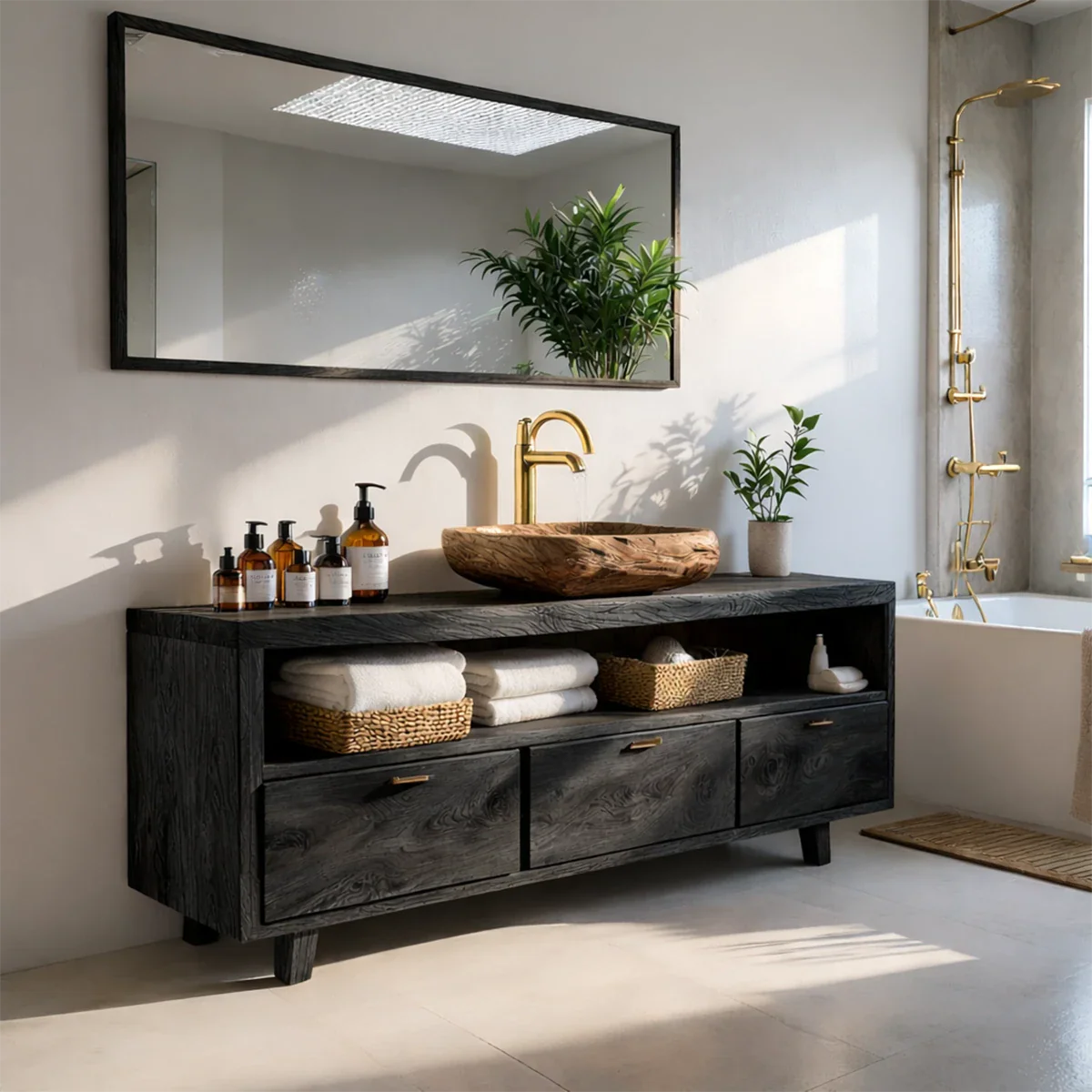 Contemporary walnut bathroom vanity with handcrafted wood sink