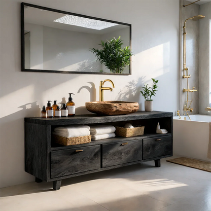 Contemporary walnut bathroom vanity with handcrafted wood sink