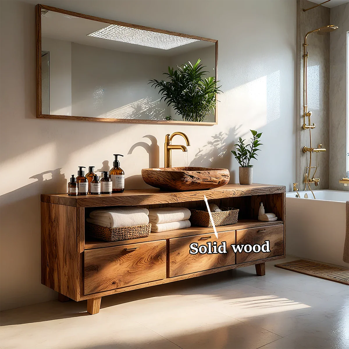 Luxury walnut bathroom vanity with organic wooden vessel sink
