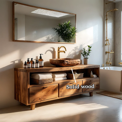 Luxury walnut bathroom vanity with organic wooden vessel sink