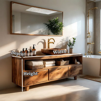 Japandi walnut bathroom vanity with warm natural wood finish