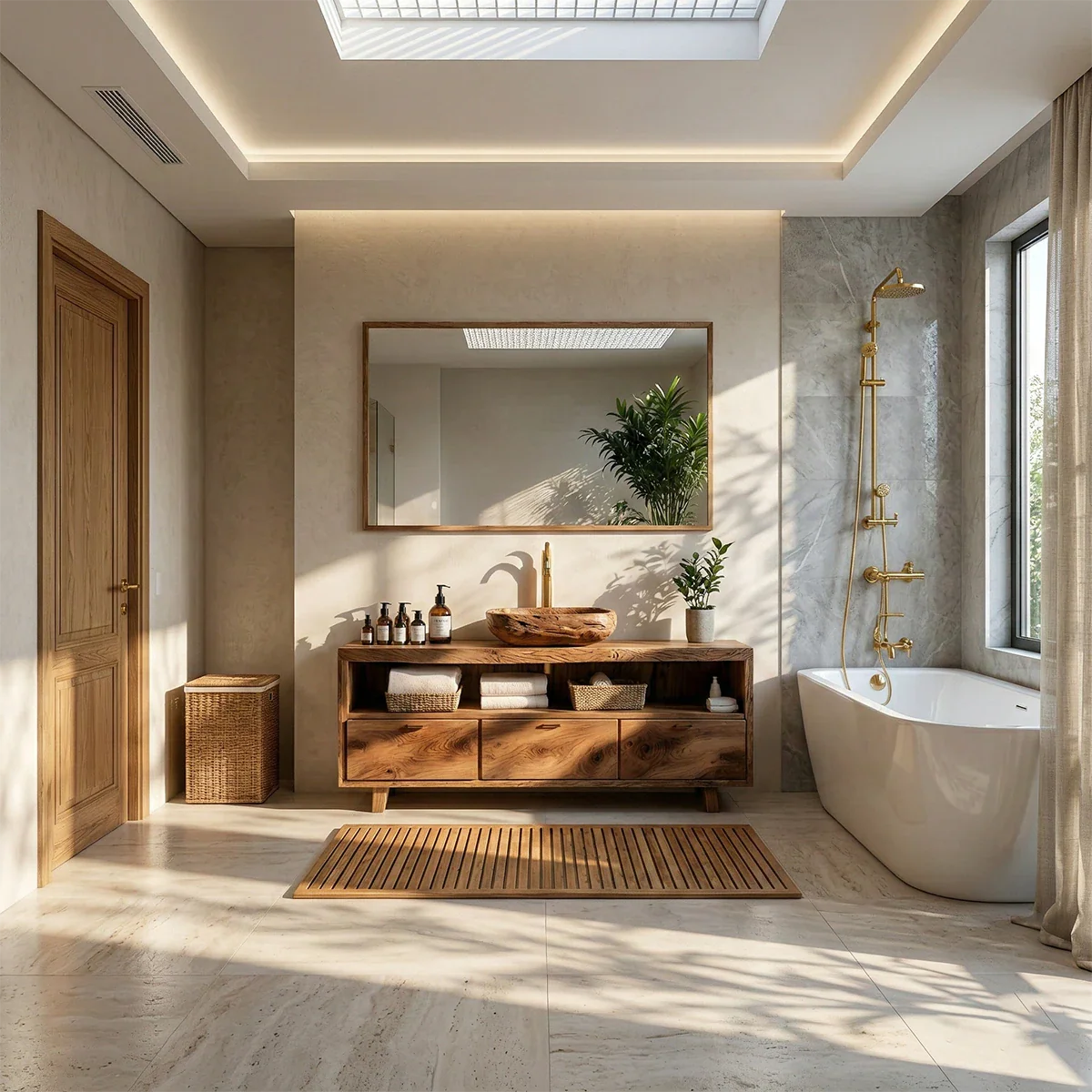 Natural walnut bathroom vanity with wooden bowl sink design