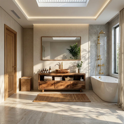 Natural walnut bathroom vanity with wooden bowl sink design