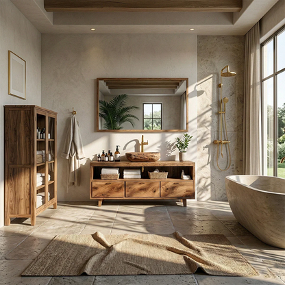Japandi style walnut bathroom vanity with open shelf storage