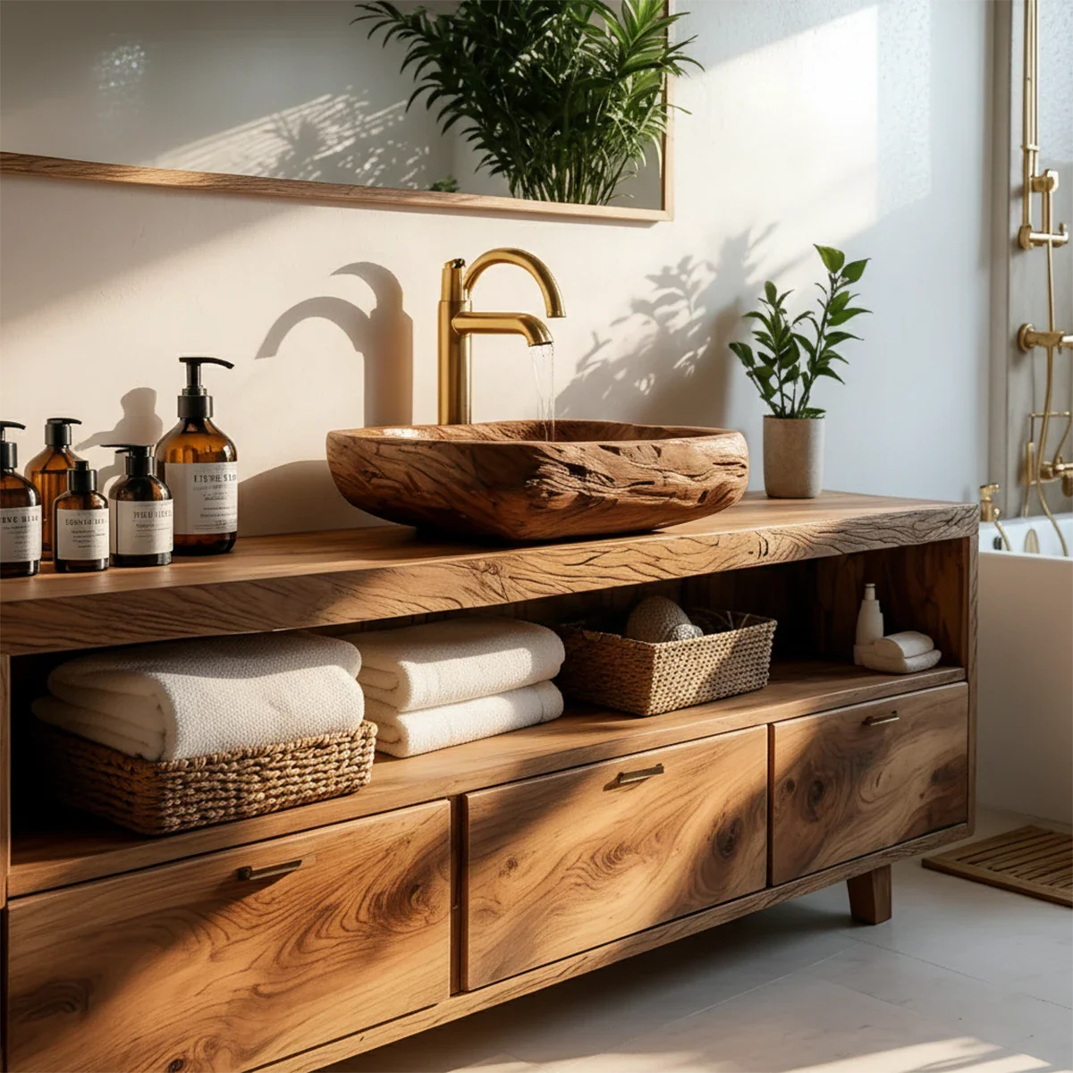 Solid walnut bathroom vanity with organic wood vessel basin