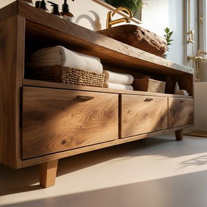 Modern Japandi walnut bathroom vanity with natural wood grain