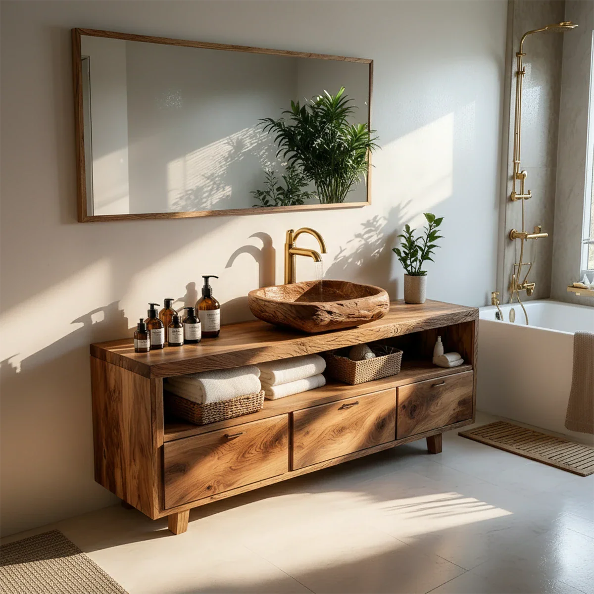 Elegant walnut bathroom vanity with wooden countertop sink