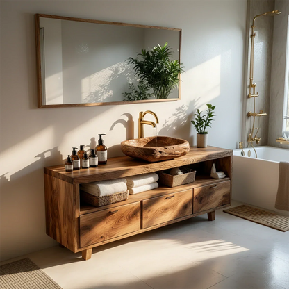 Elegant walnut bathroom vanity with wooden countertop sink