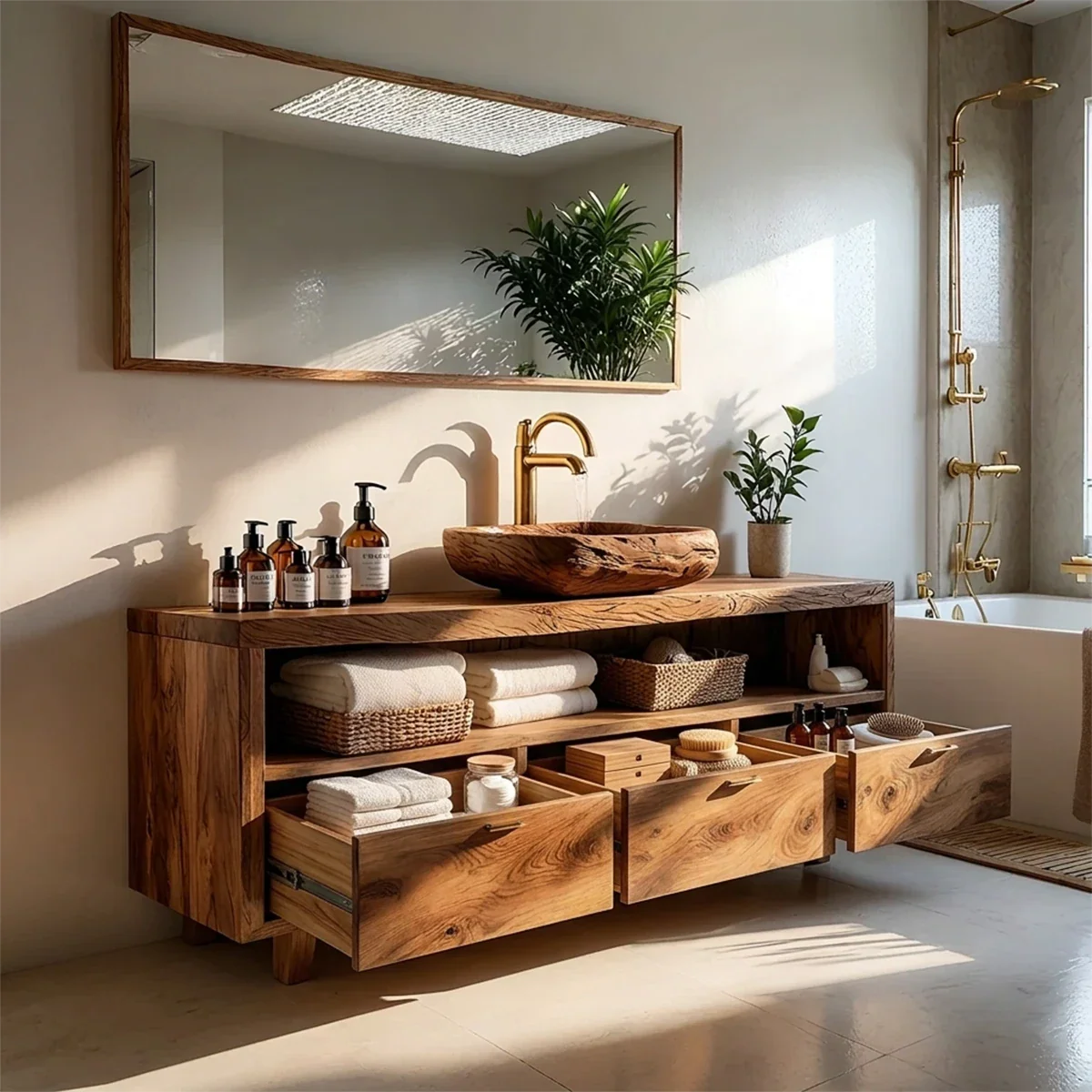 Designer walnut bathroom vanity with open towel storage