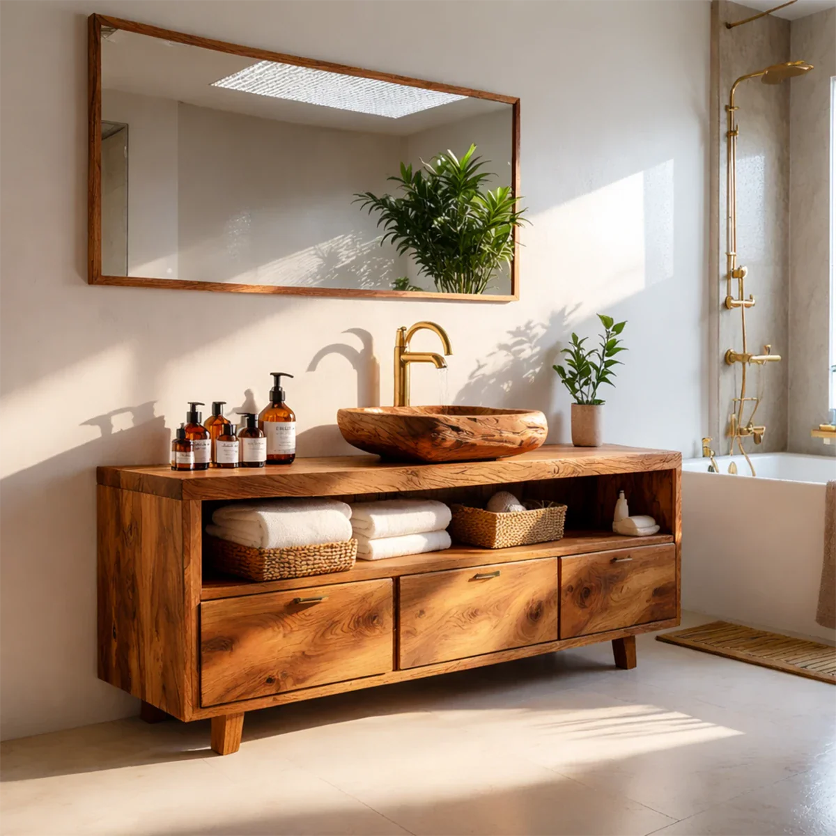 Japandi walnut bathroom vanity with minimalist wooden basin