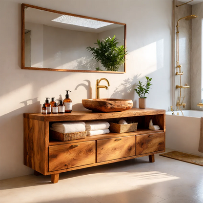 Japandi walnut bathroom vanity with minimalist wooden basin