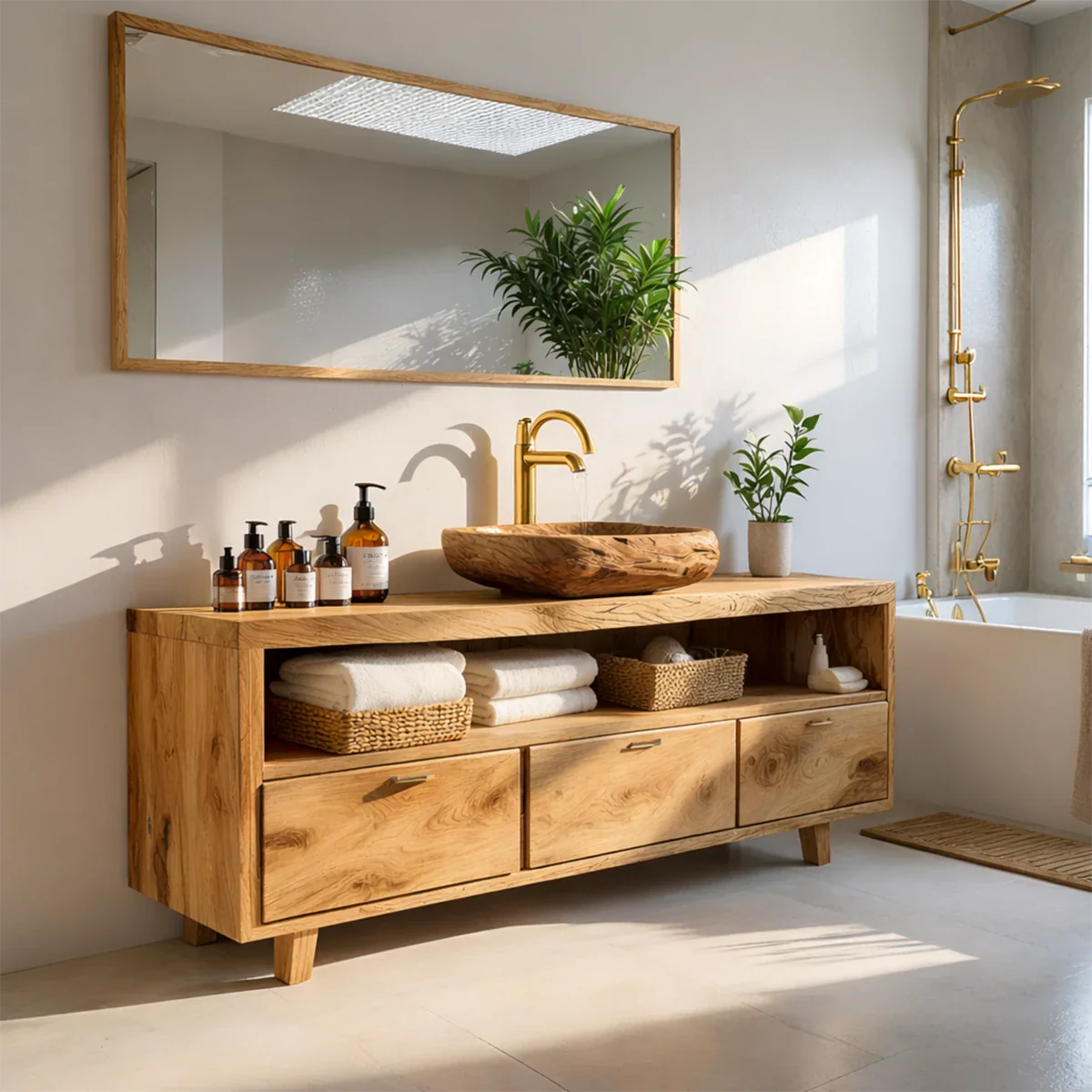 Premium walnut bathroom vanity with natural wood texture