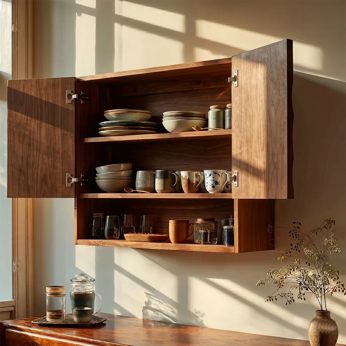 Kitchen Wall Storage Cabinet with Hand Carved Doors and Open Shelf Unit - Arboriswood - 3