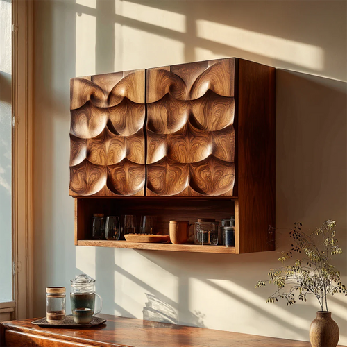 Kitchen Wall Storage Cabinet with Hand Carved Doors and Open Shelf Unit - ArborisWood