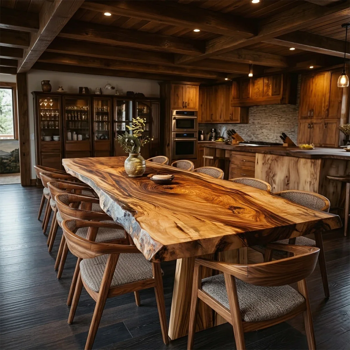 A handcrafted dining table in solid wood anchors this warm and inviting modern kitchen space