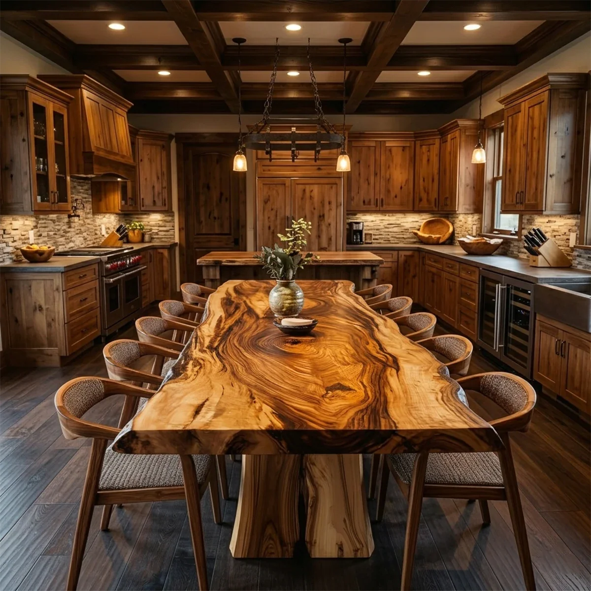Spacious rustic kitchen featuring a large live edge dining table with rich natural wood grain