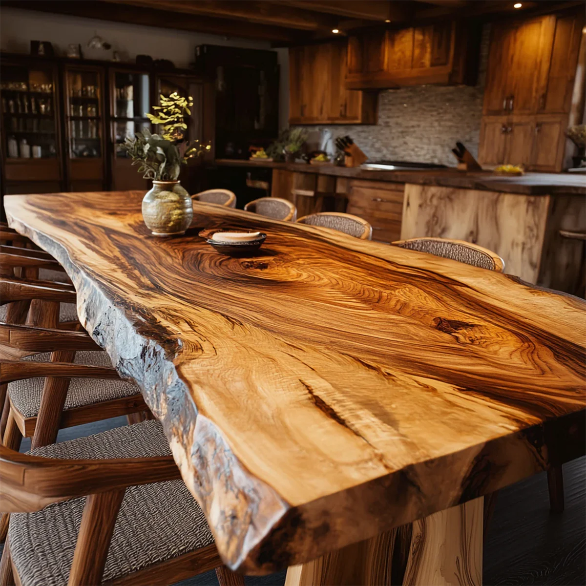 Natural slab dining table with organic edges set in a cozy rustic style interior with wood tones