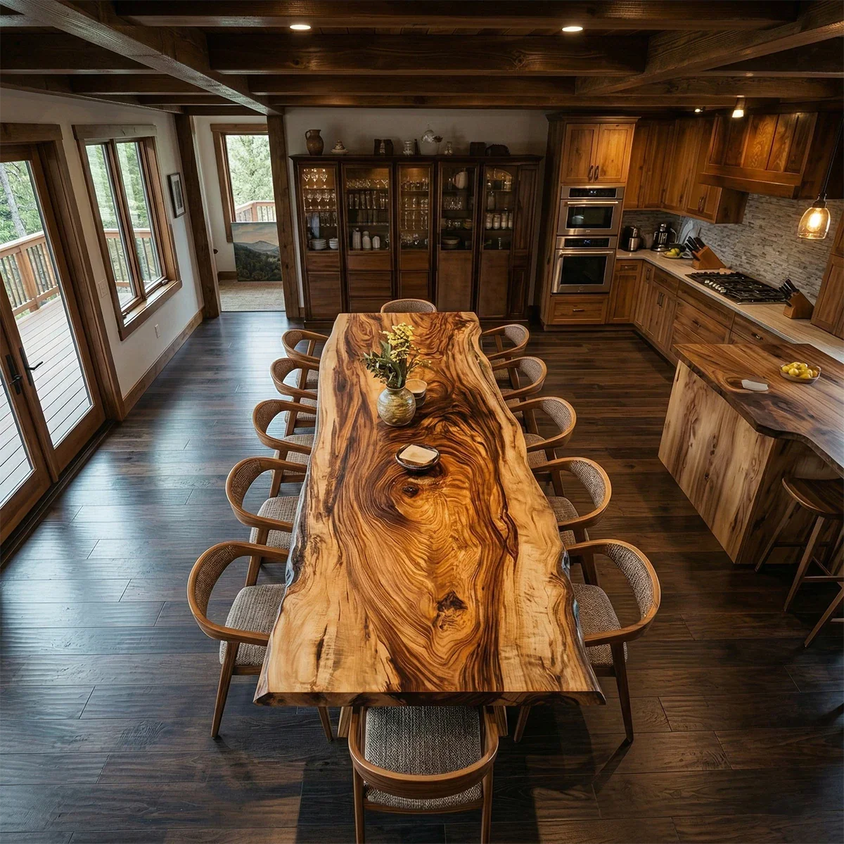 This dining area showcases a premium wood table with bold grain and sculptural base design