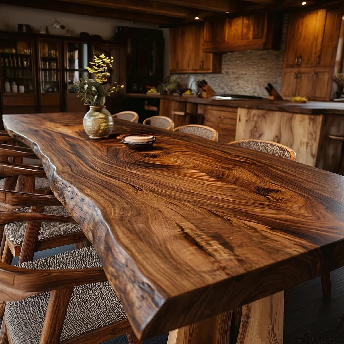 Warm lighting enhances a solid wood dining table placed in a modern rustic kitchen setting