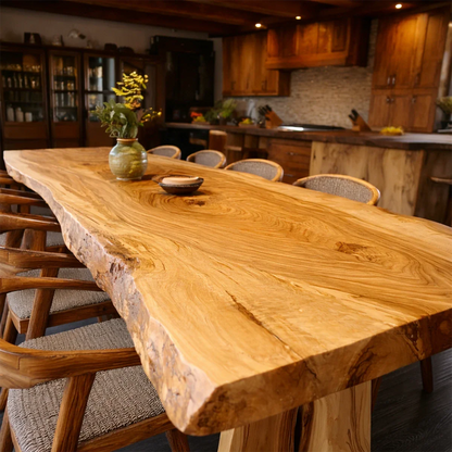 Featuring organic textures, the dining table adds character to this spacious open kitchen layout