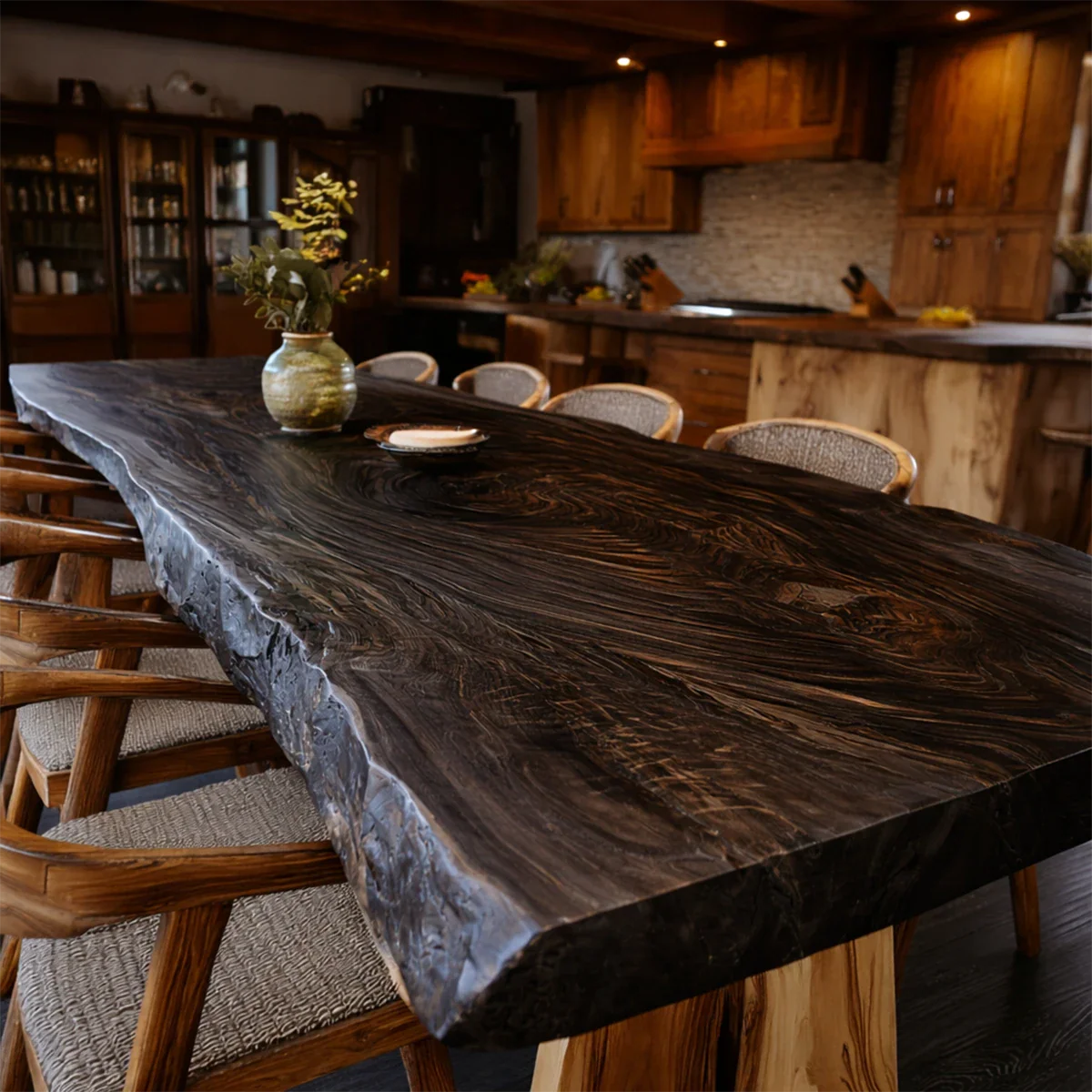 A large wood dining table with natural edge design complements this refined rustic interior