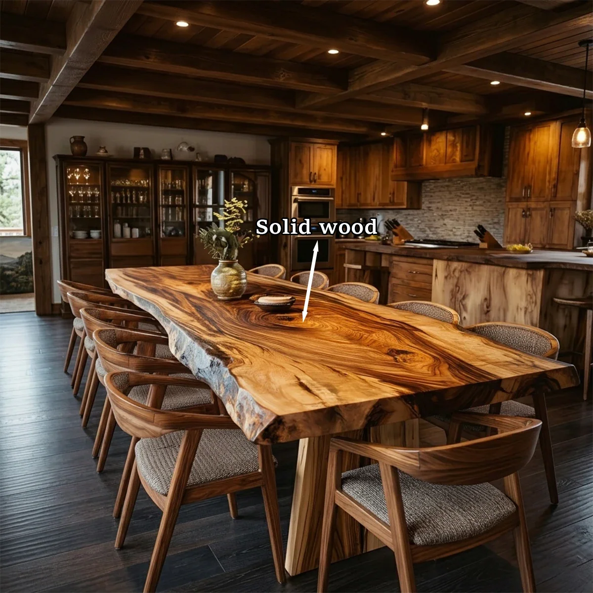 In this inviting home, a handcrafted dining table highlights flowing grain and solid construction