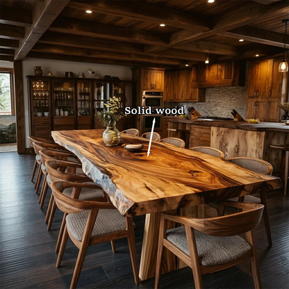 In this inviting home, a handcrafted dining table highlights flowing grain and solid construction