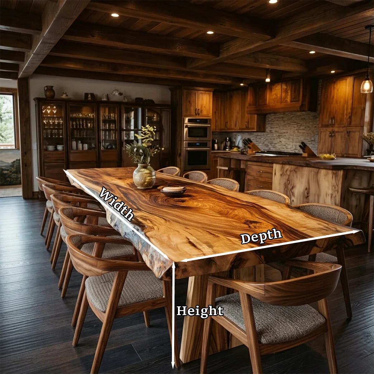 Contemporary rustic kitchen styled with a live edge dining table and warm natural finishes