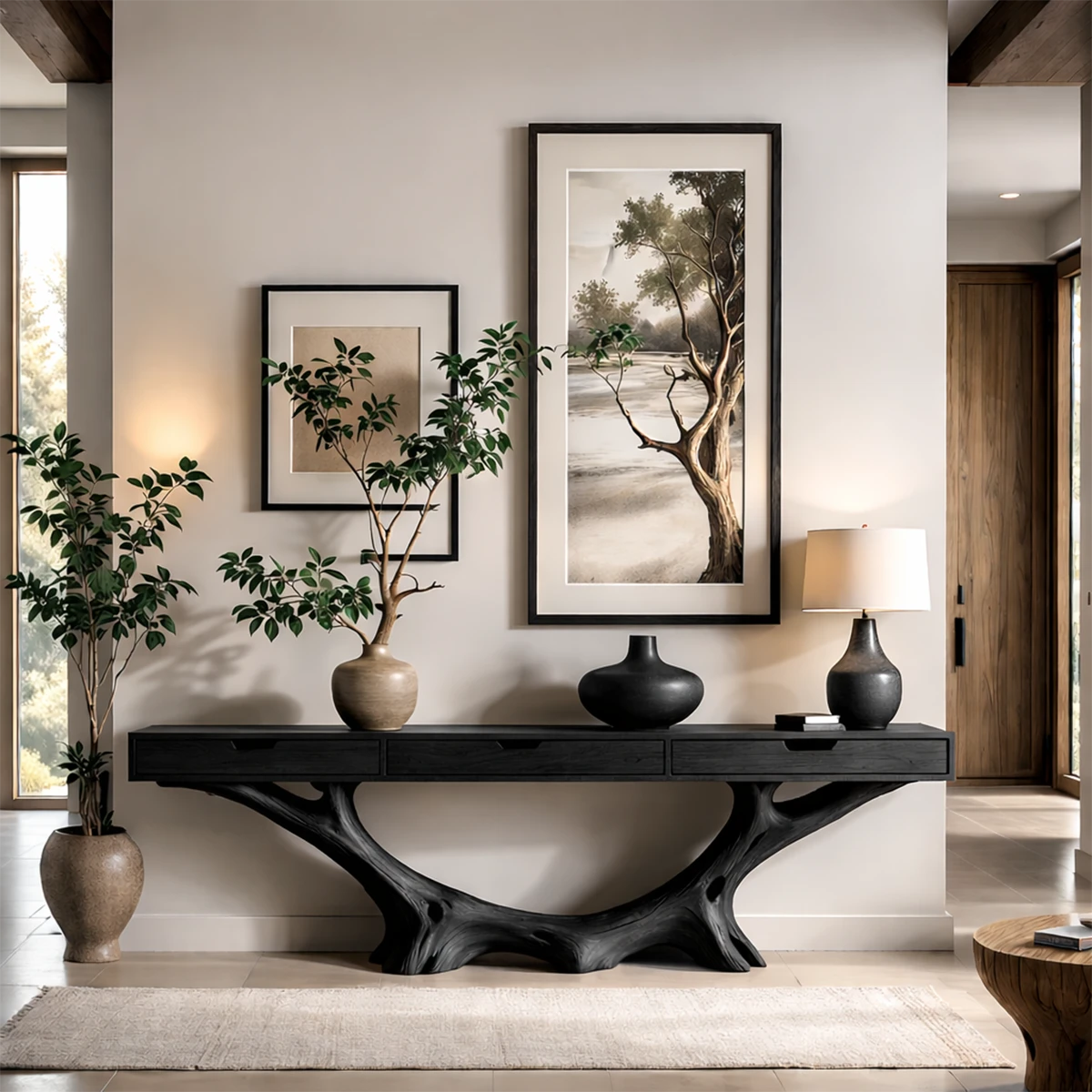 This hallway showcases a console table with sculptural wood base and integrated storage drawers