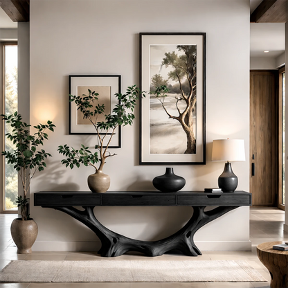 This hallway showcases a console table with sculptural wood base and integrated storage drawers