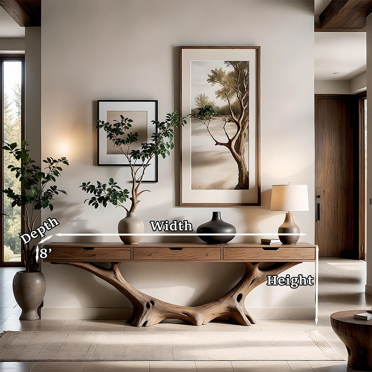 Handcrafted console table with root style base brings texture and depth to this modern interior