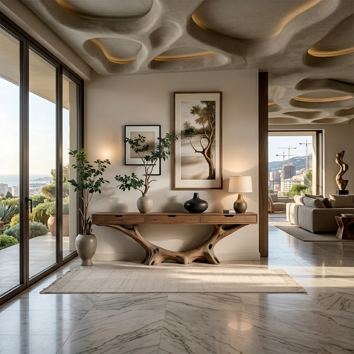 A statement console table with natural wood base adds storage and sculptural presence to this space