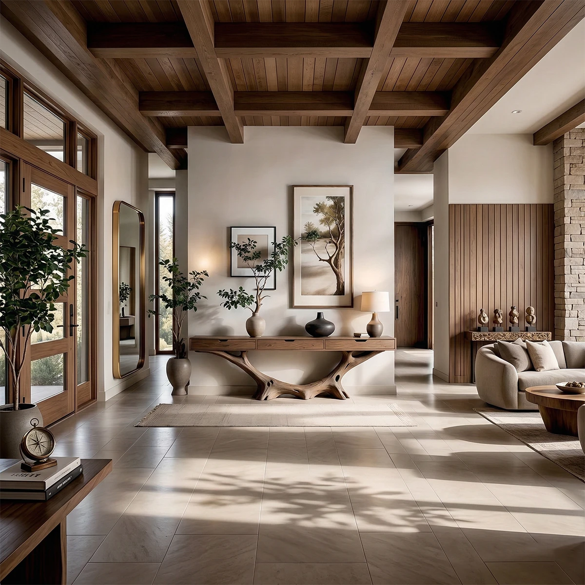 Solid wood console table with root inspired base placed in a bright and refined hallway interior