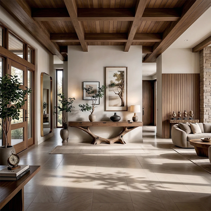 Solid wood console table with root inspired base placed in a bright and refined hallway interior
