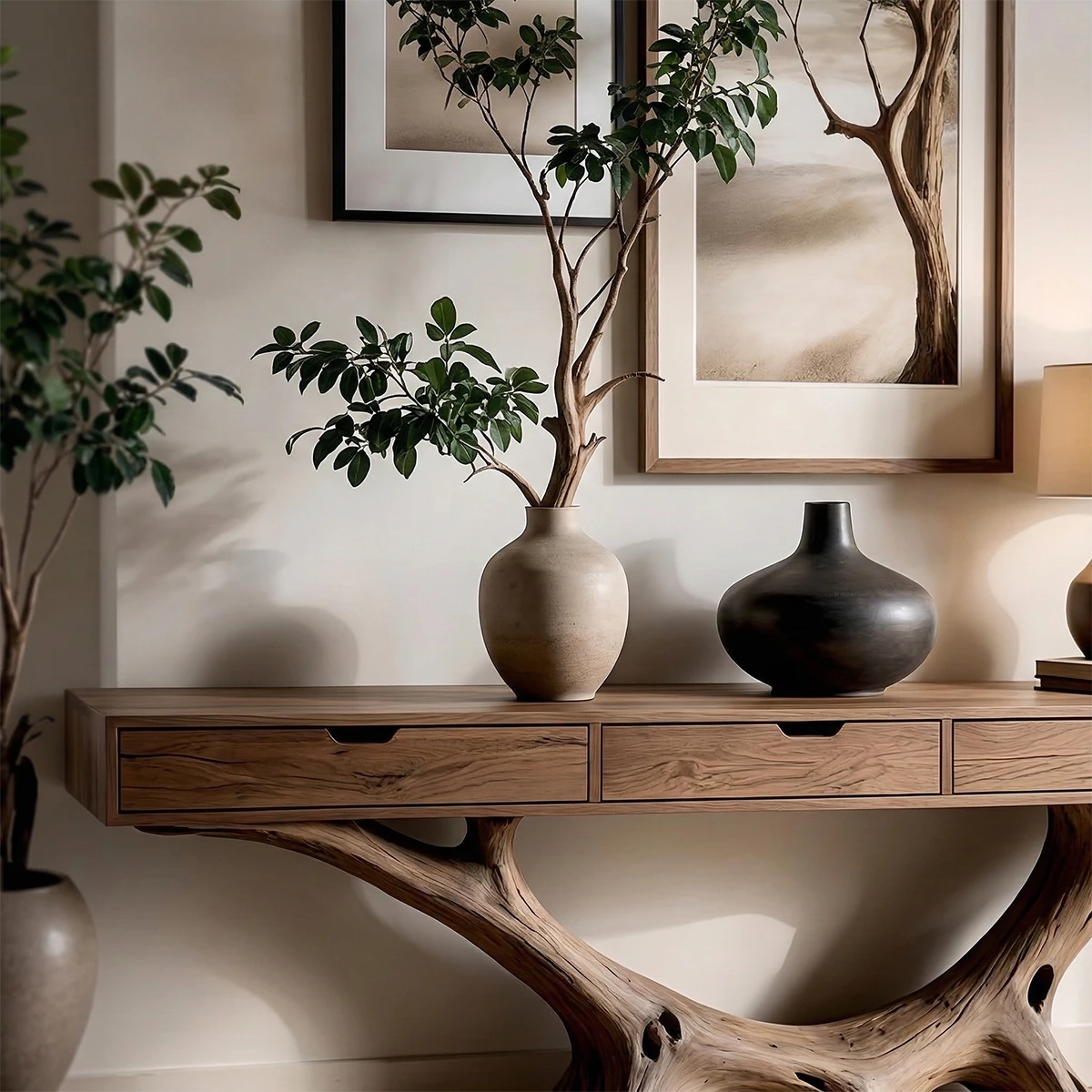 In this modern home, a console table blends organic structure with practical drawer storage design