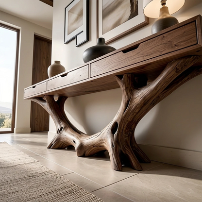 Natural wood console table with drawers enhances this warm and minimalist entryway setting
