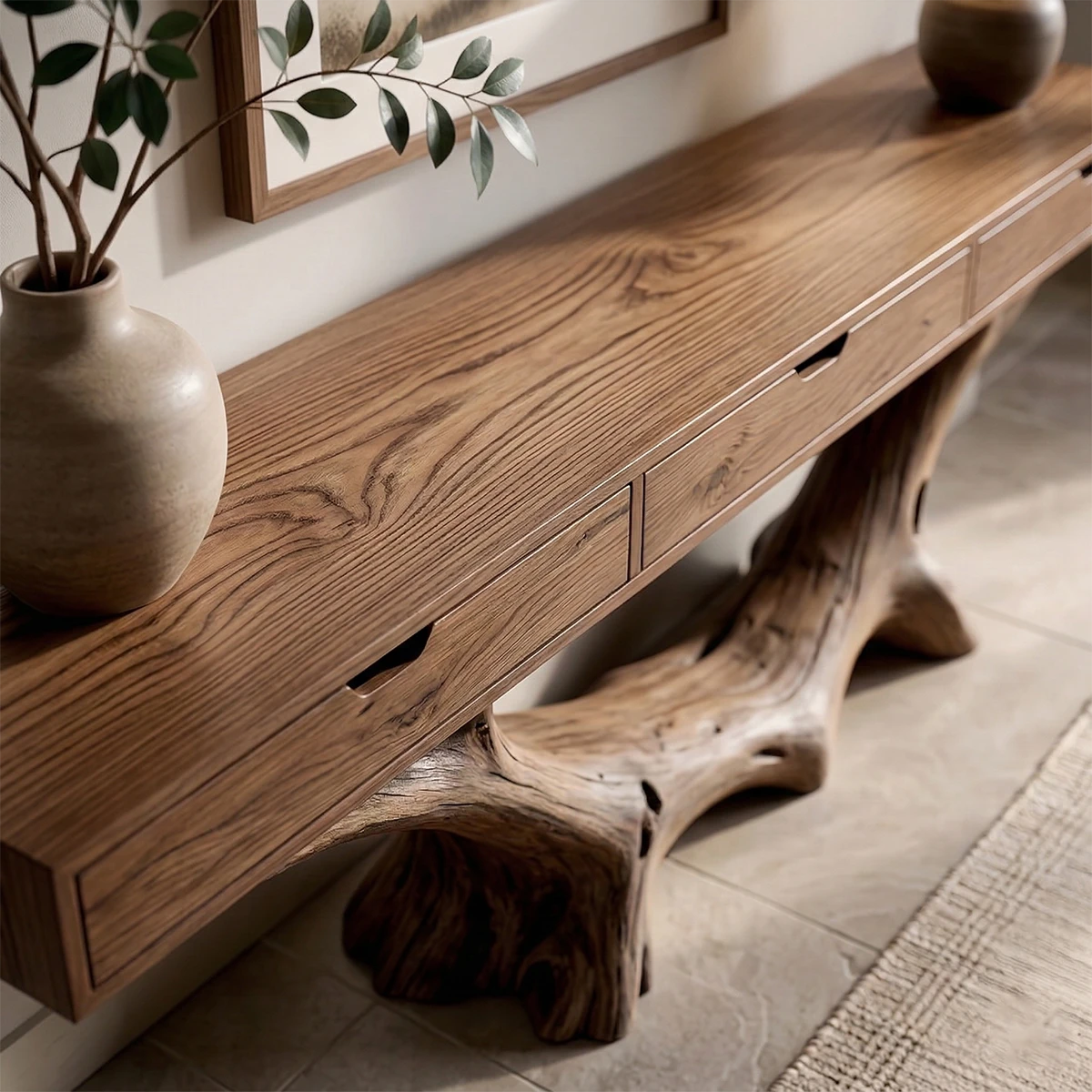 Refined interior featuring a handcrafted console table with flowing root base and clean top surface