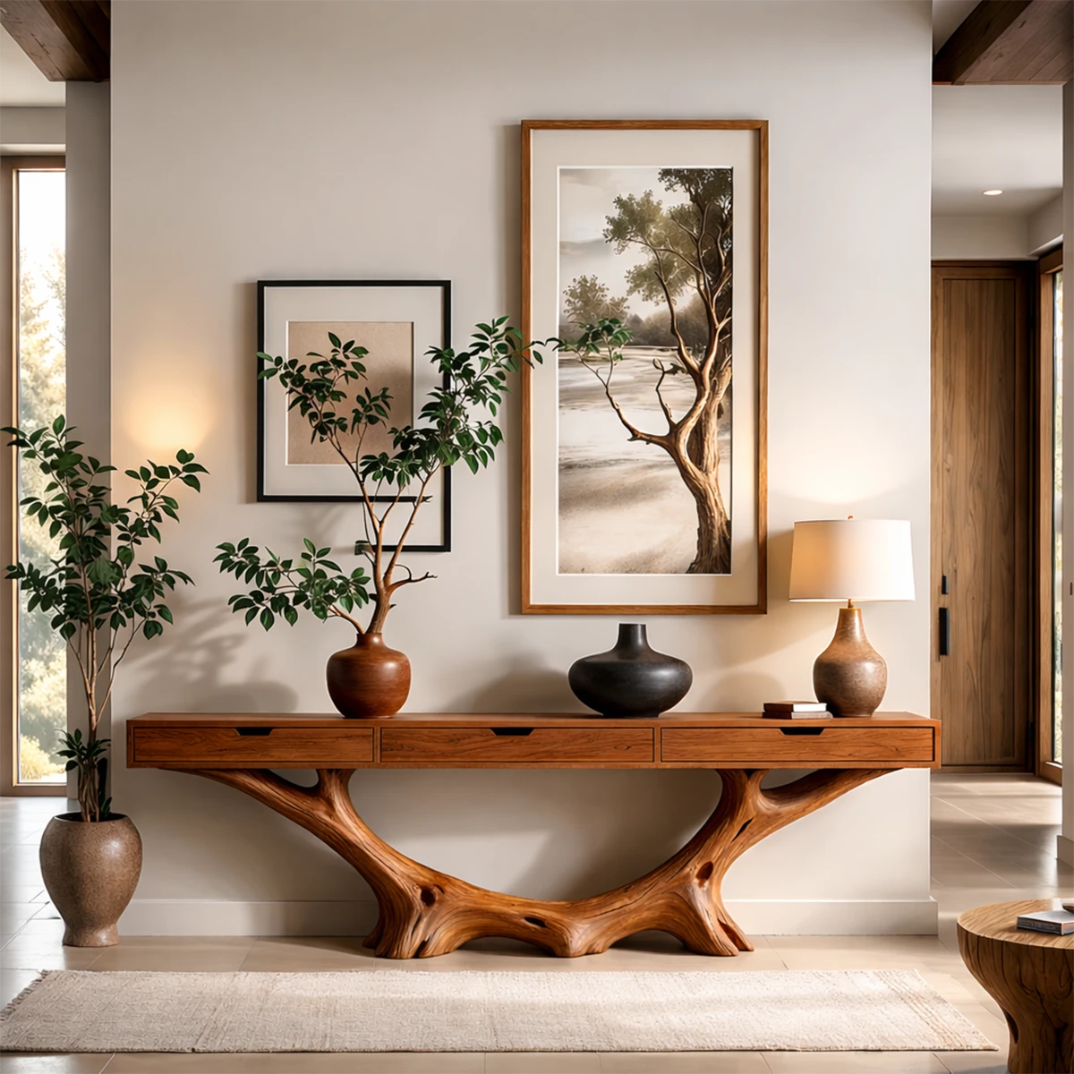 A modern console table with organic base complements this calm and nature inspired décor style