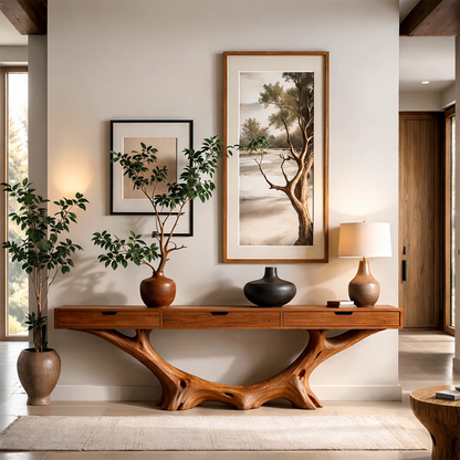 A modern console table with organic base complements this calm and nature inspired décor style