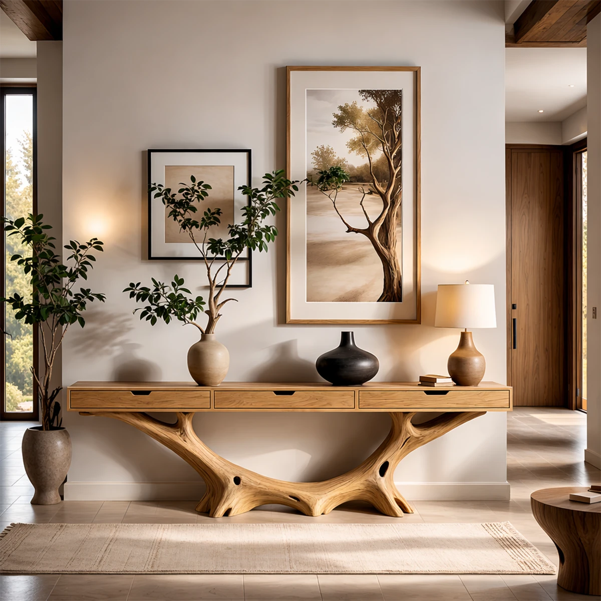 Root base console table in solid wood styled beneath artwork in a contemporary living space