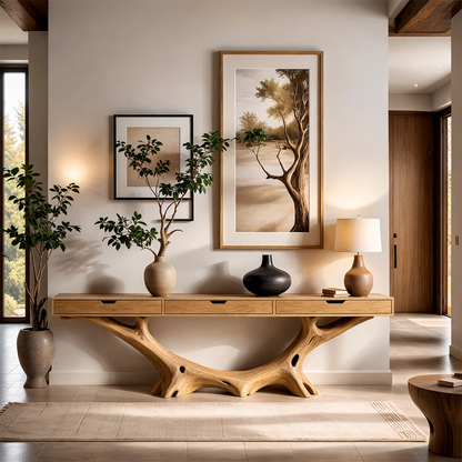 Root base console table in solid wood styled beneath artwork in a contemporary living space