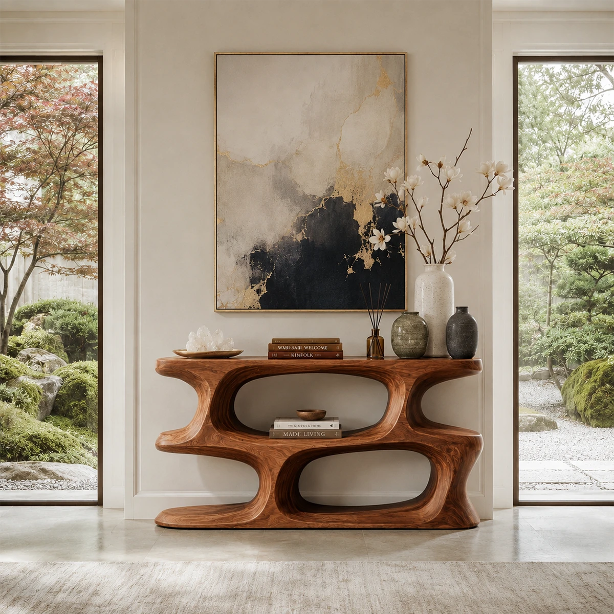 Luxury foyer table with rounded shelves and artistic lines for elegant interiors