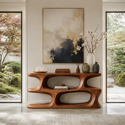 Contemporary console table with organic cutouts and broad display surface indoors