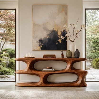Wood tone console table with layered shelves and a fluid architectural silhouette