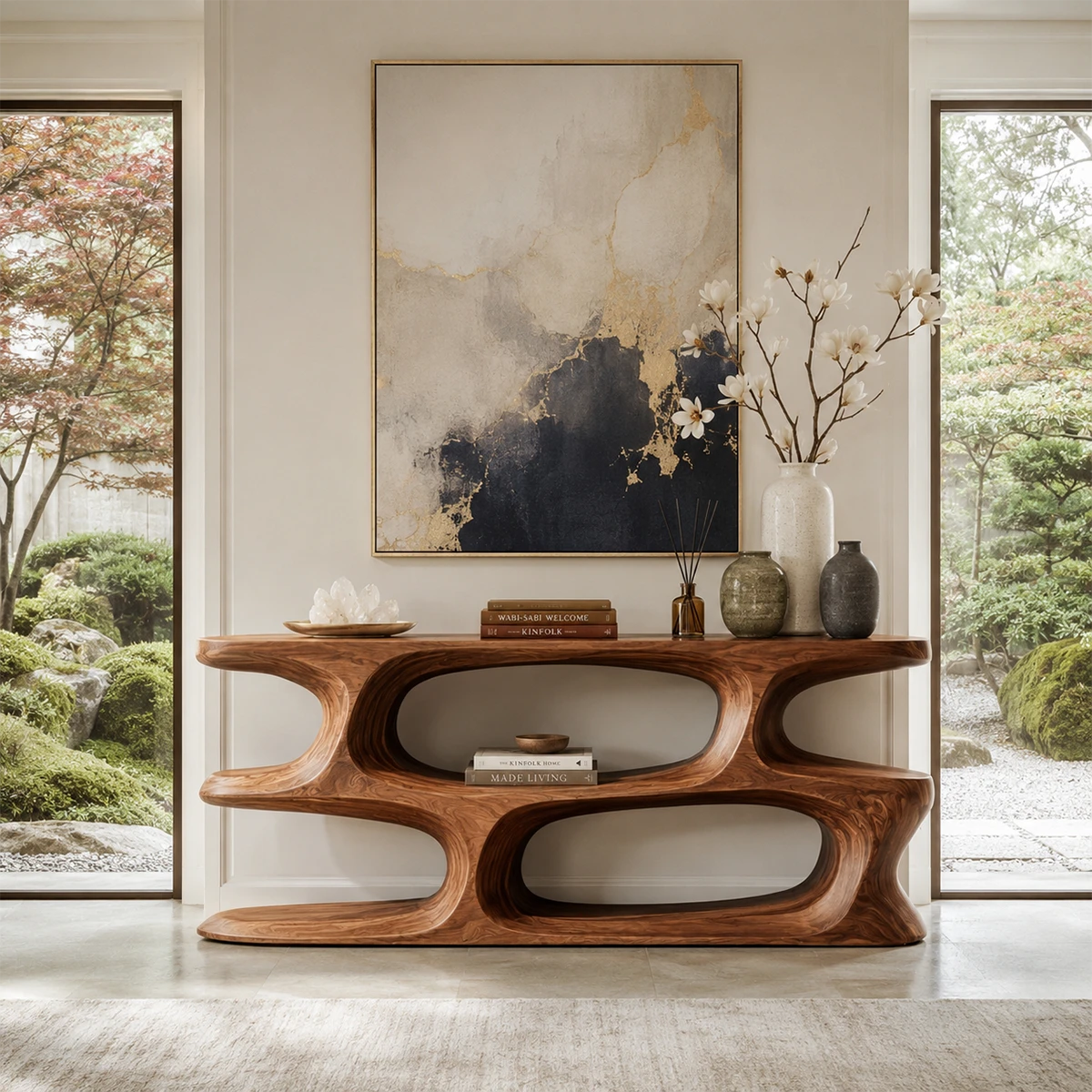 Sculptural console table with layered open shelves in a serene modern entryway setting