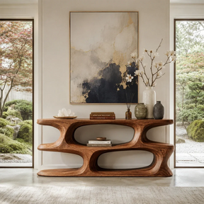 Sculptural console table with layered open shelves in a serene modern entryway setting